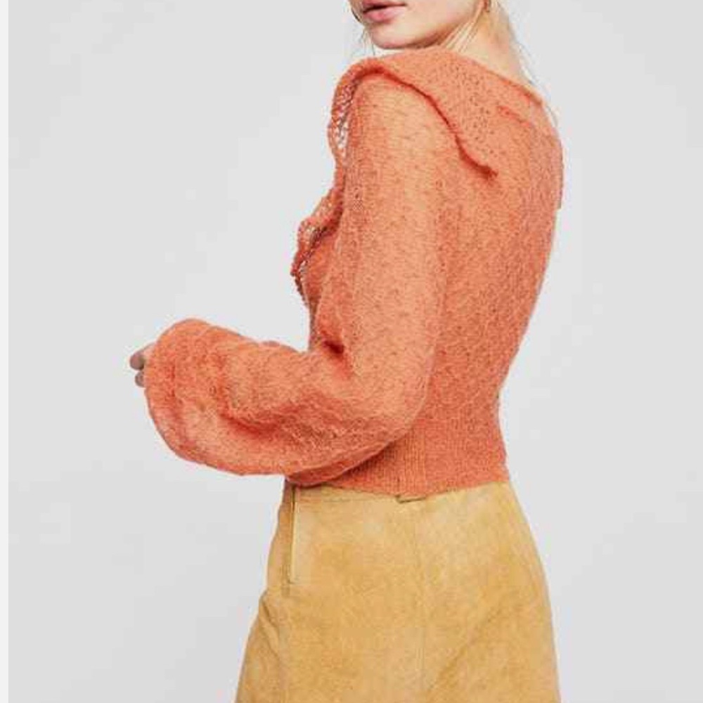 Free People Macaroon Ruffled Neck Mohair Wool Sweater Burnt Orange Ruffle XS NWT - Picture 2 of 7